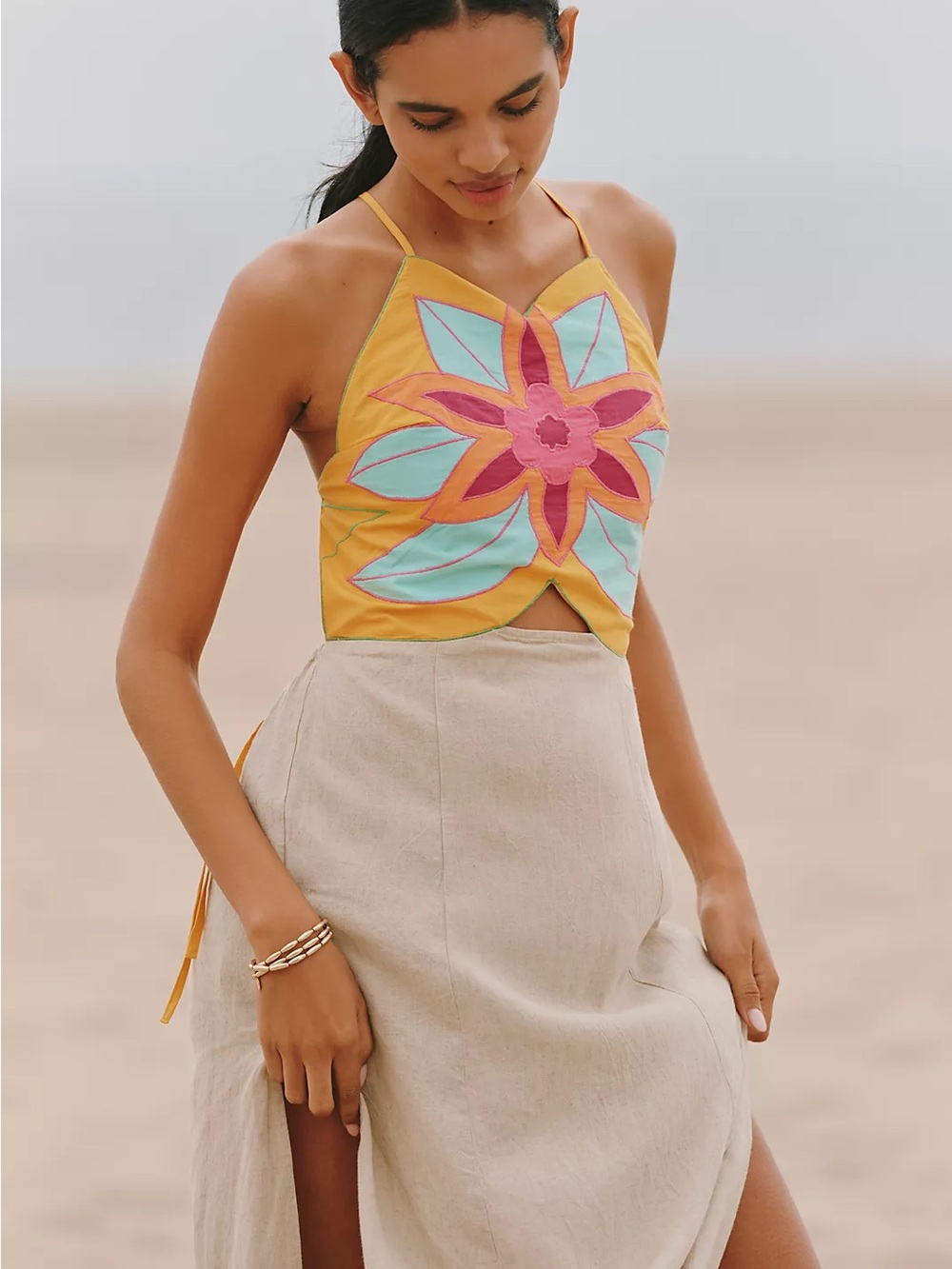 Brand New Celandine Linen Blend Embellished Flower Maxi Dress